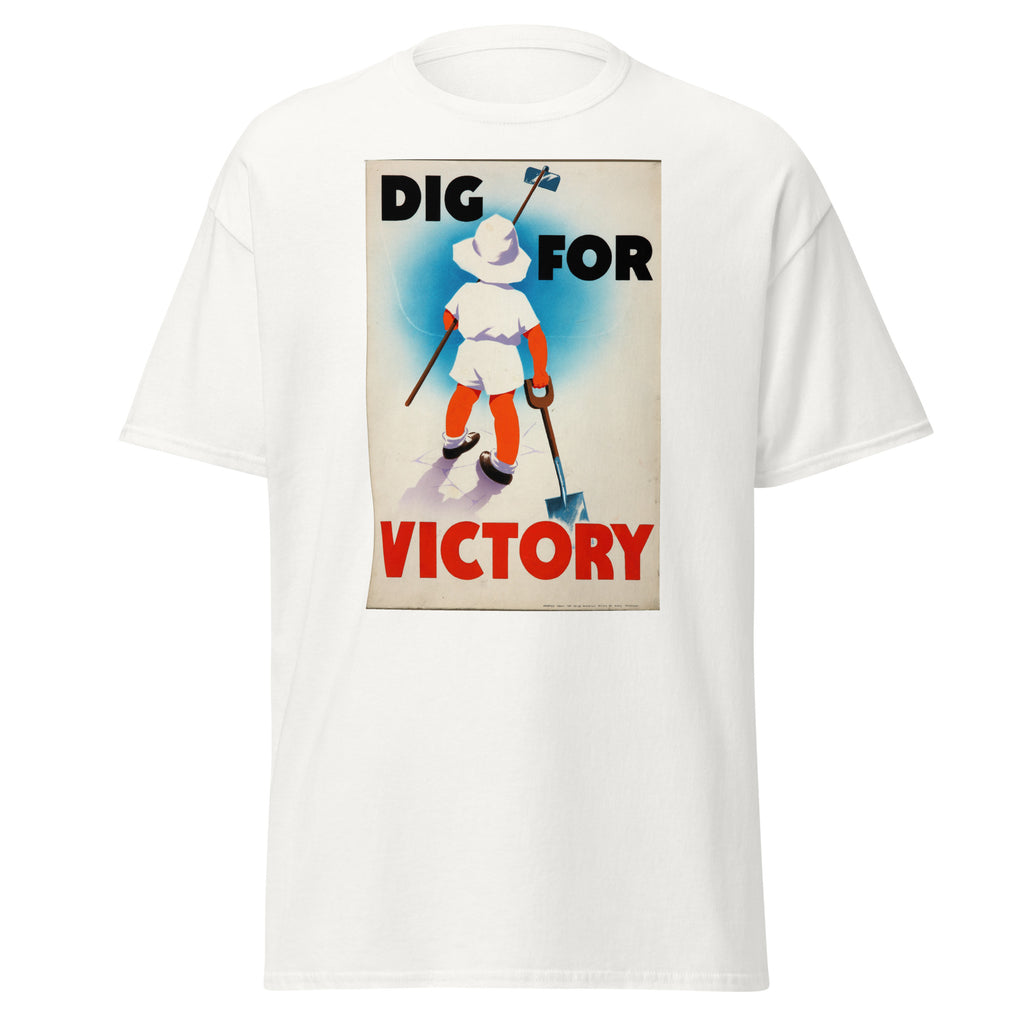 Unisex heather gray t-shirt featuring vintage Dig for Victory poster artwork printed across the front