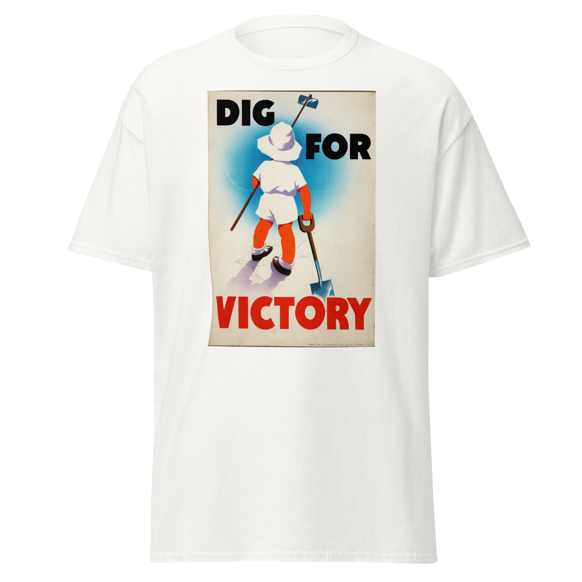 Unisex heather gray t-shirt featuring vintage Dig for Victory poster artwork printed across the front