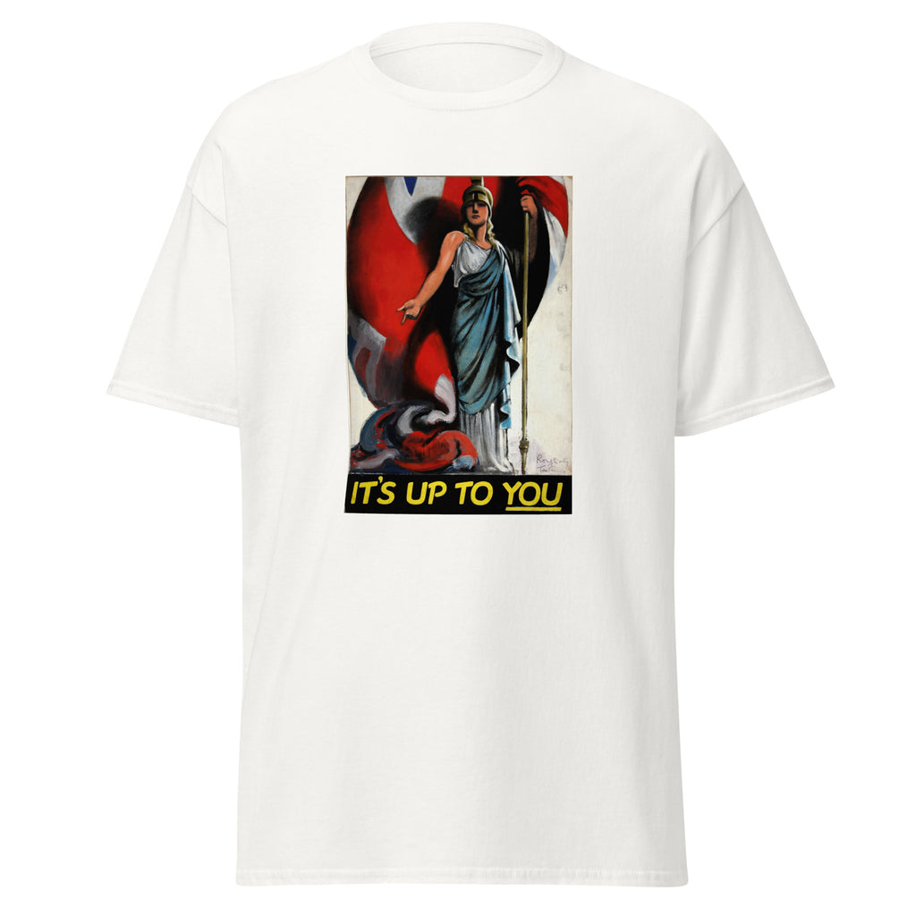 Unisex black t-shirt featuring vintage Its Up to you Vintage poster artwork printed across the front