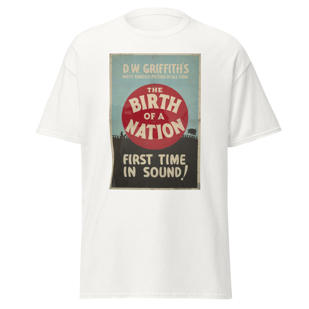 Unisex heather gray t-shirt featuring vintage Birth of a Nation poster artwork printed across the front