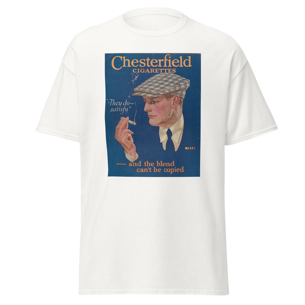 Unisex black t-shirt featuring vintage Chesterfields Vintage poster artwork printed across the front
