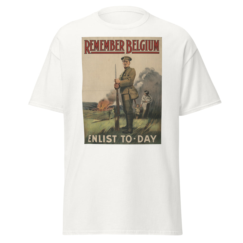Unisex heather gray t-shirt featuring vintage Remember Belgium poster artwork printed across the front