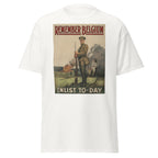 Unisex heather gray t-shirt featuring vintage Remember Belgium poster artwork printed across the front
