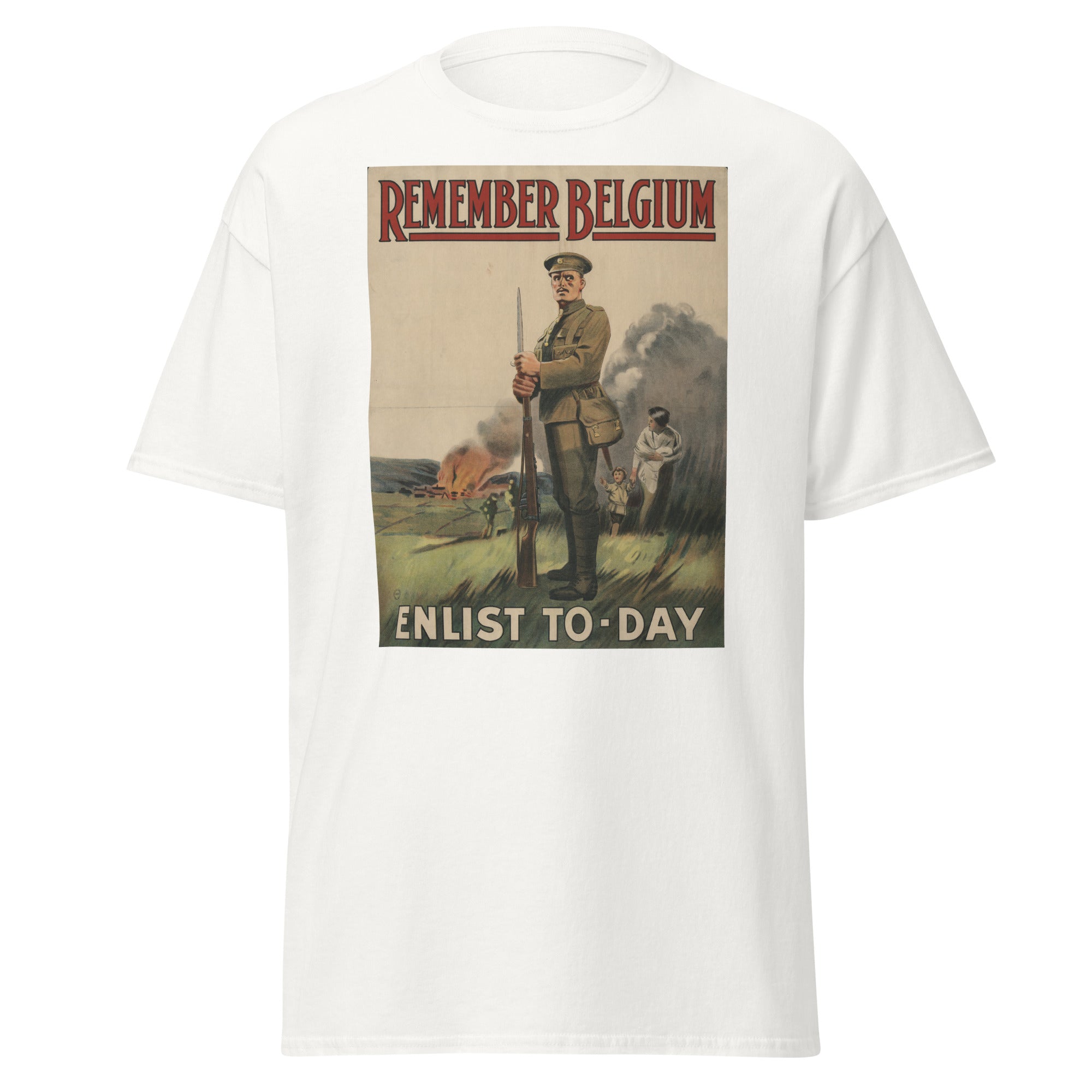 Unisex heather gray t-shirt featuring vintage Remember Belgium poster artwork printed across the front