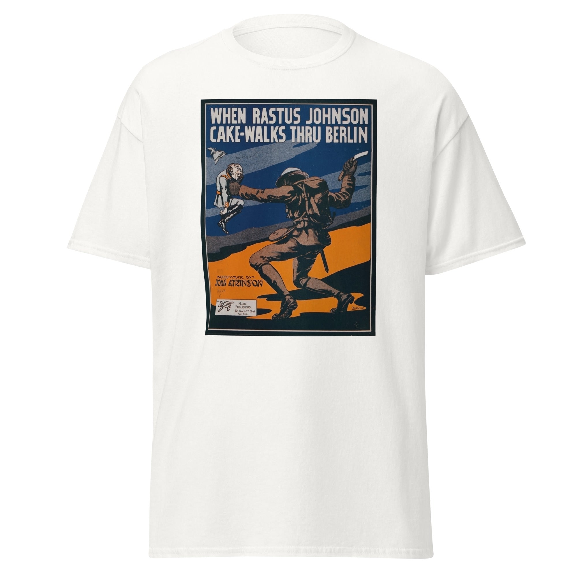 Unisex heather gray t-shirt featuring vintage Rastus Johnson poster artwork printed across the front