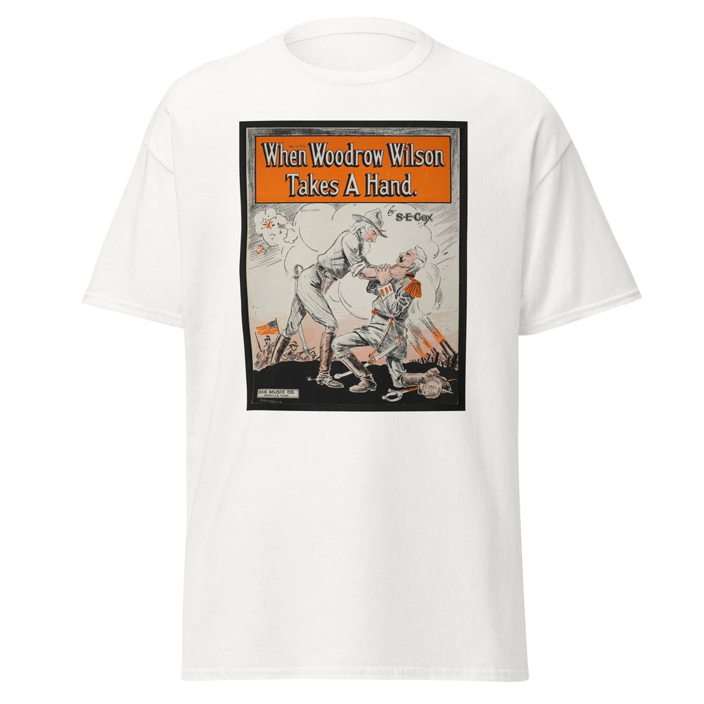 Unisex heather gray t-shirt featuring vintage Woodrow Wilson poster artwork printed across the front