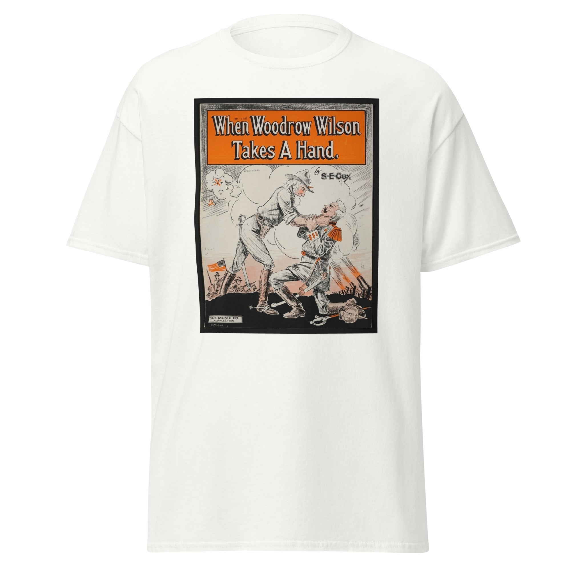 Unisex heather gray t-shirt featuring vintage Woodrow Wilson poster artwork printed across the front