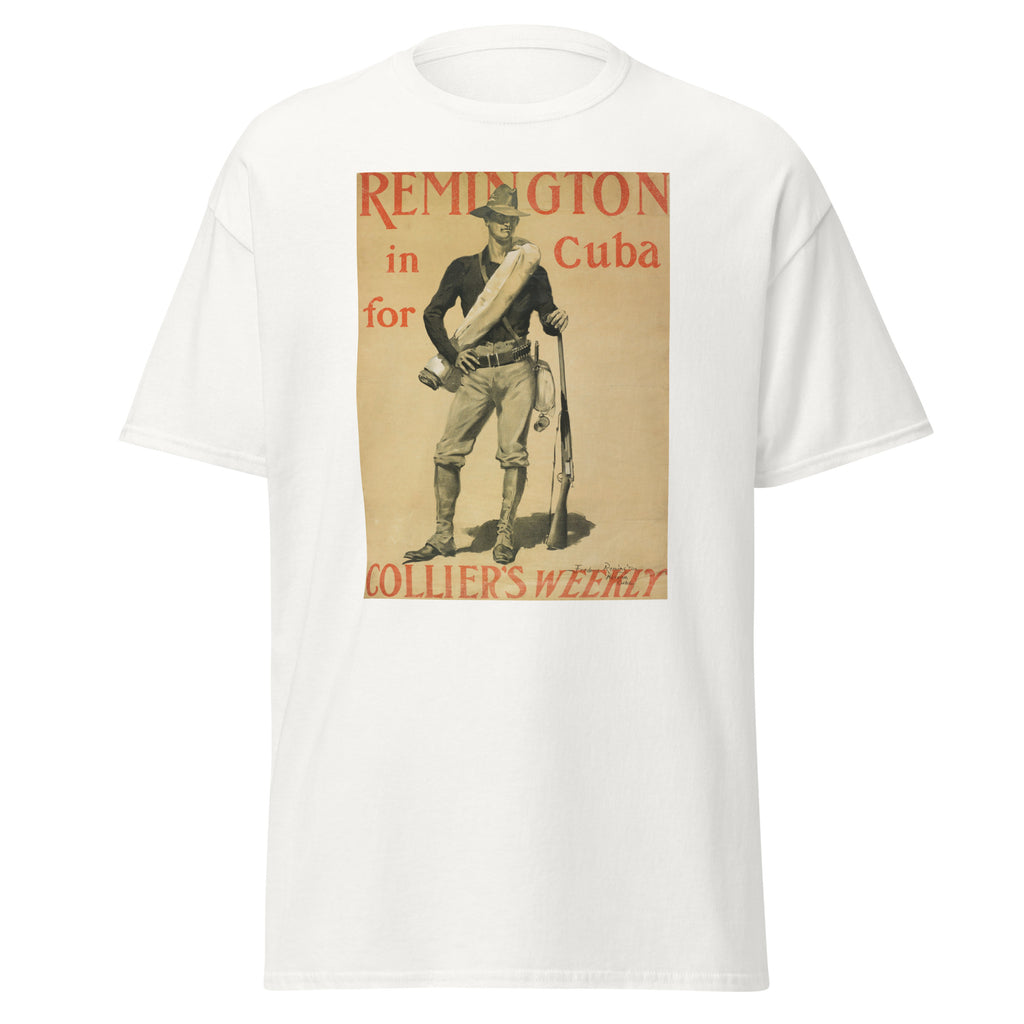 Unisex black t-shirt featuring vintage Remington in Cuba poster artwork printed across the front