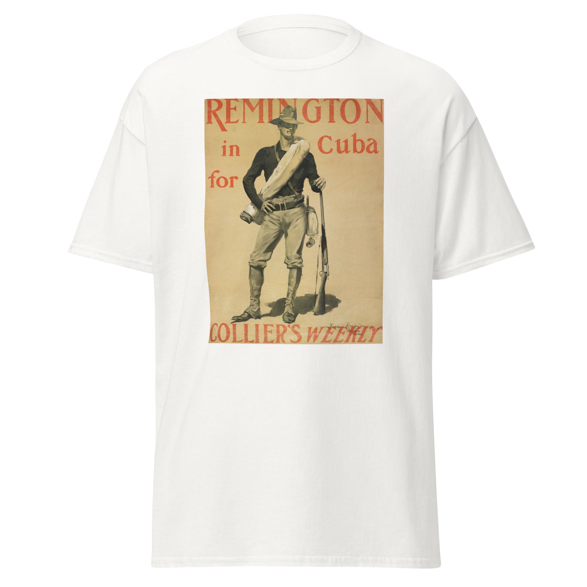 Unisex black t-shirt featuring vintage Remington in Cuba poster artwork printed across the front