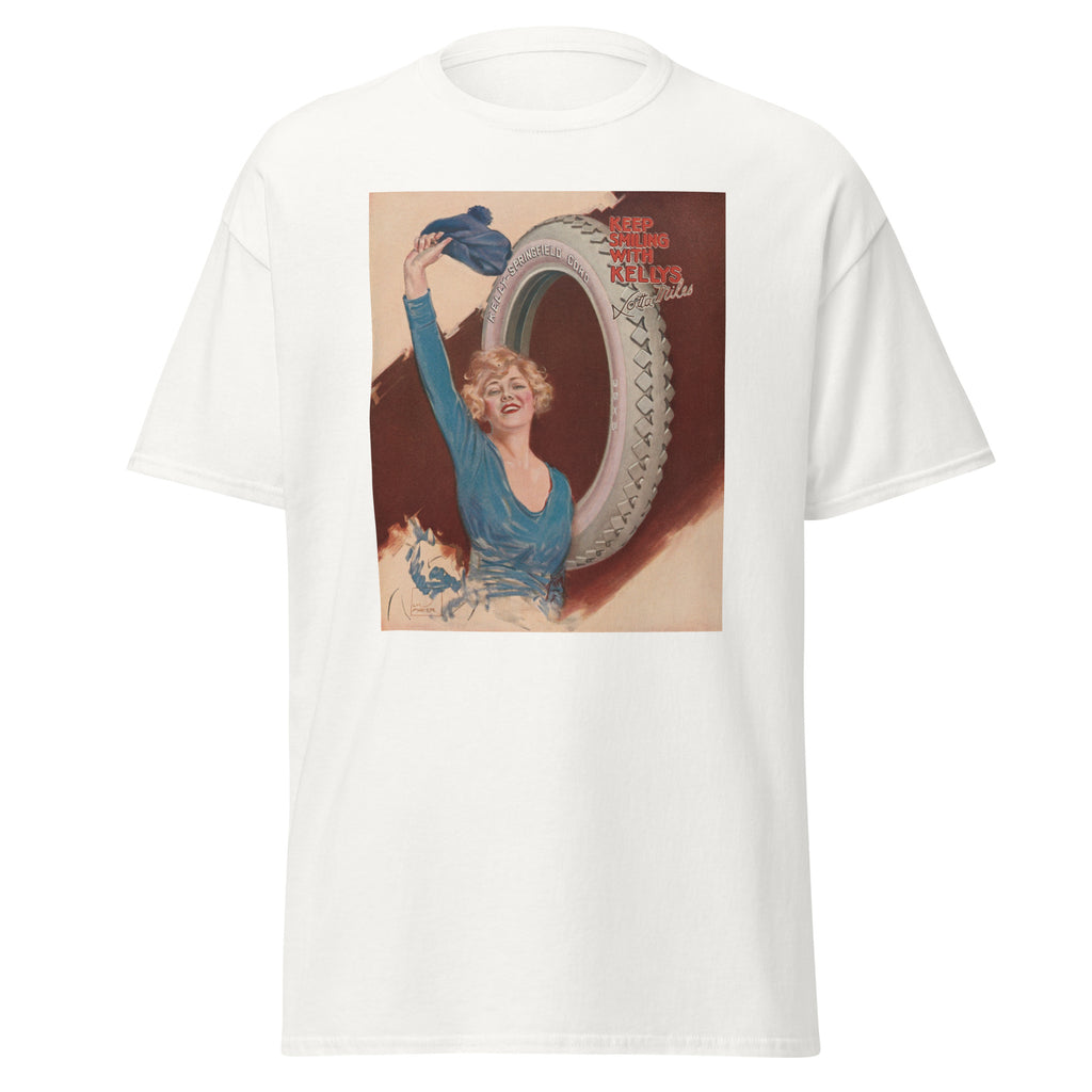Unisex black t-shirt featuring vintage Kellys Tires poster artwork printed across the front