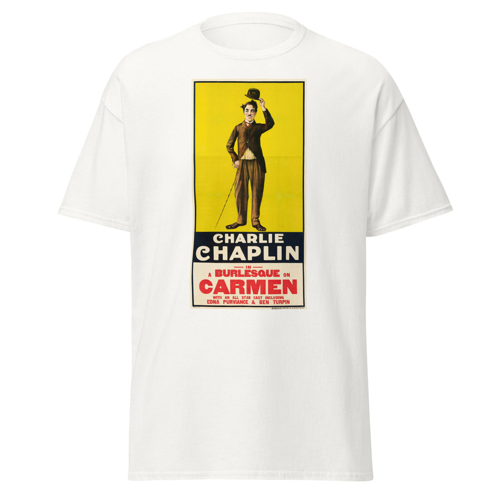 Unisex black t-shirt featuring vintage Charlie Chaplin Carmen poster artwork printed across the front