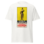 Unisex black t-shirt featuring vintage Charlie Chaplin Carmen poster artwork printed across the front