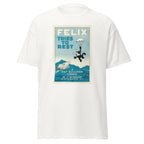 Unisex black t-shirt featuring vintage Felix Tries to Rest poster artwork printed across the front