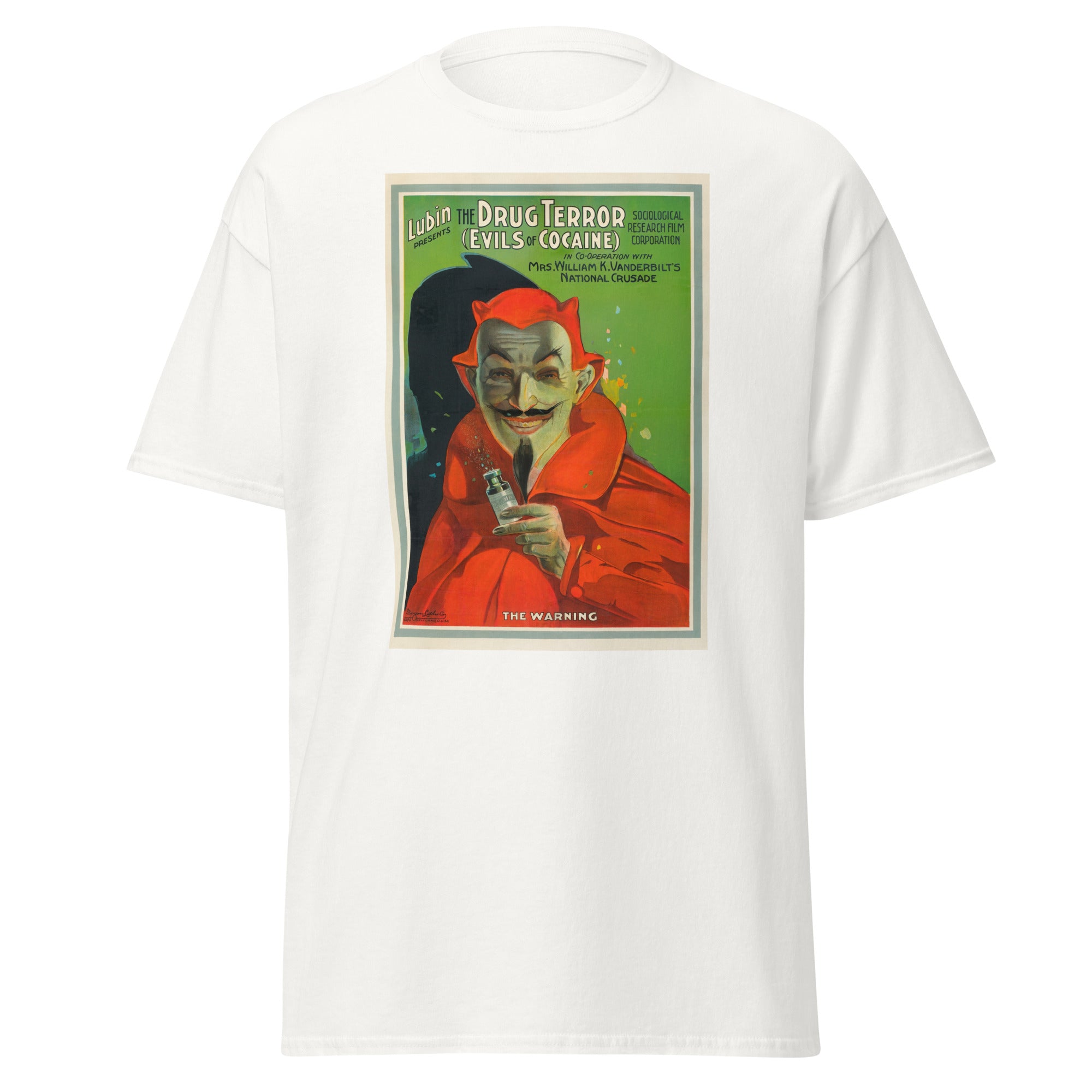 Unisex heather gray t-shirt featuring vintage Evils of Cocaine poster artwork printed across the front