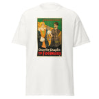 Unisex black t-shirt featuring vintage Charlie Chaplin Floorwalker poster artwork printed across the front