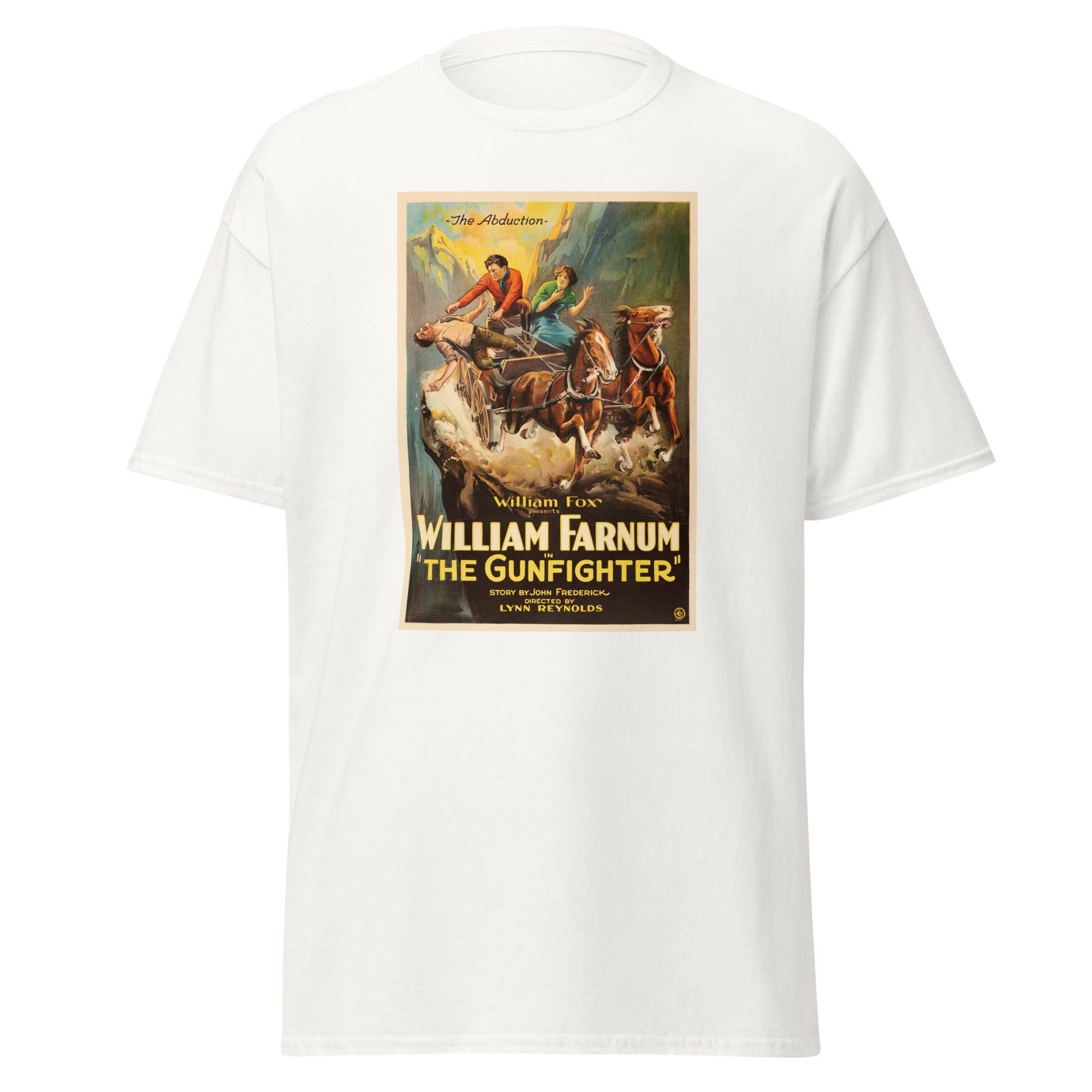 Unisex heather gray t-shirt featuring vintage William Farnum the Gunfighter poster artwork printed across the front