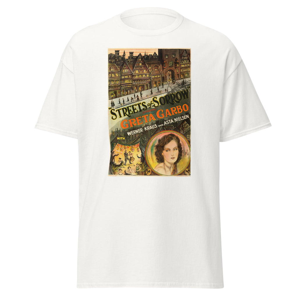 Unisex black t-shirt featuring vintage Greta Garbo Streets of Sorrow poster artwork printed across the front