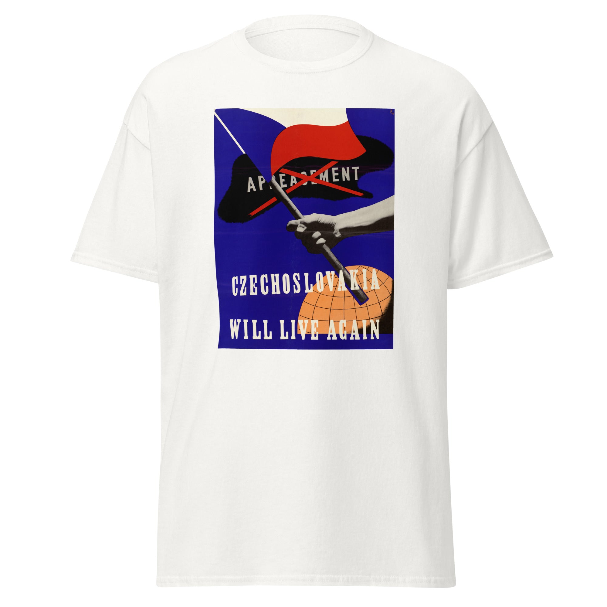 Unisex heather gray t-shirt featuring vintage Czechoslovakia poster artwork printed across the front