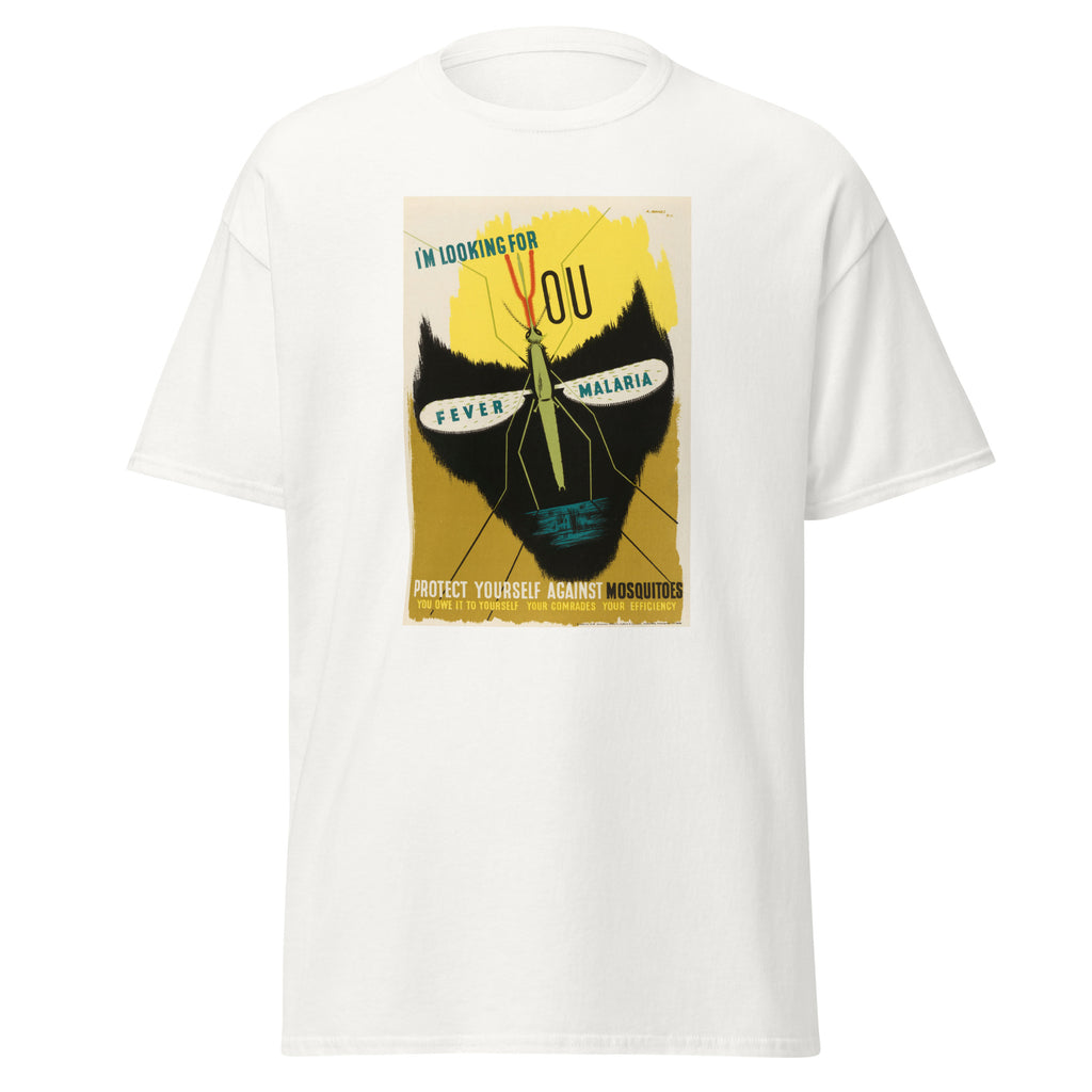 Unisex heather gray t-shirt featuring vintage Malaria Vintage poster artwork printed across the front