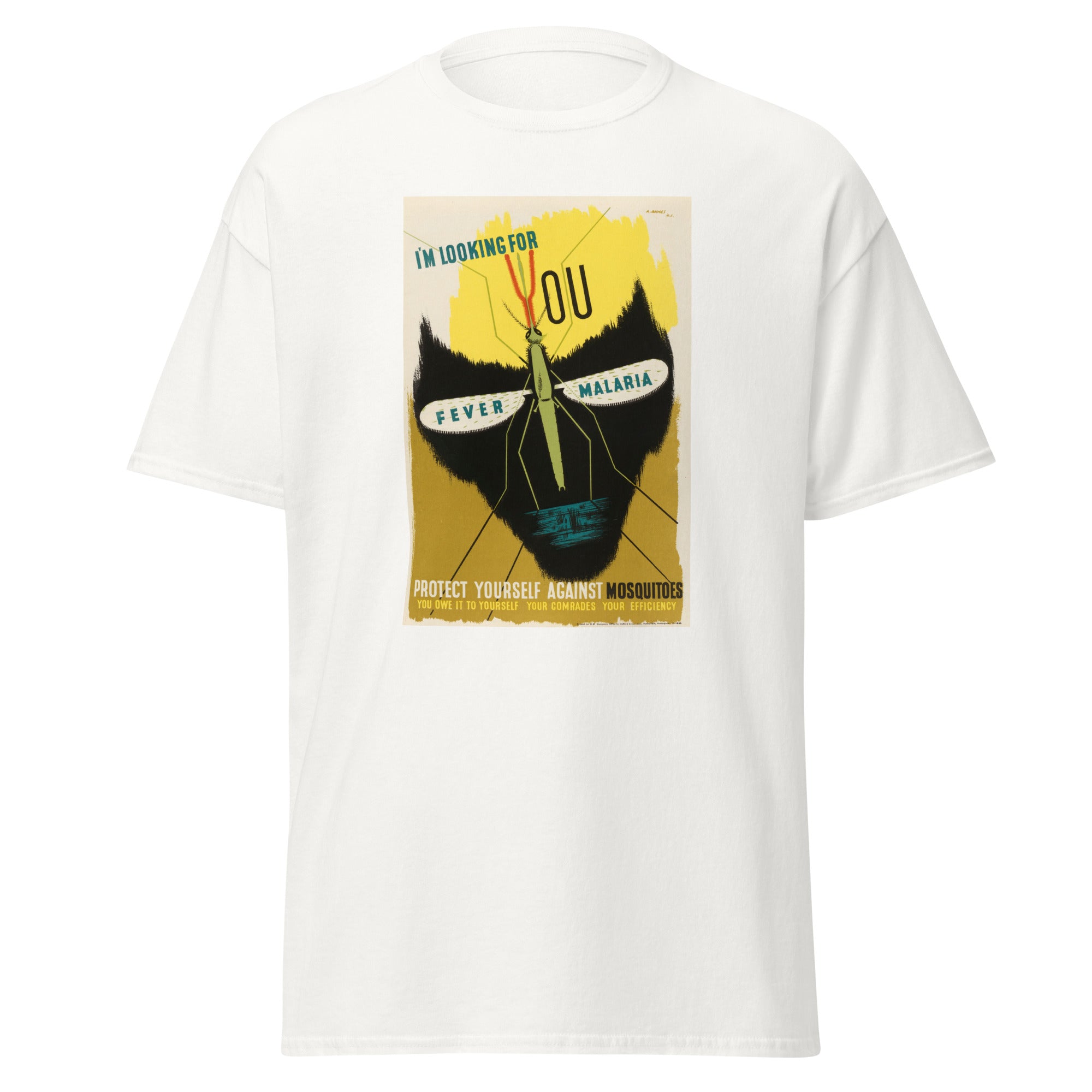 Unisex heather gray t-shirt featuring vintage Malaria Vintage poster artwork printed across the front