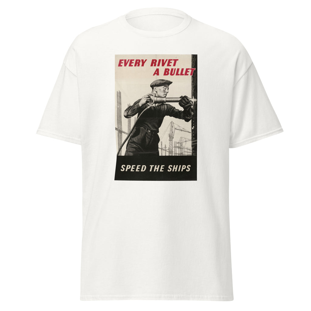 Unisex heather gray t-shirt featuring vintage Every Rivet a Bullet poster artwork printed across the front