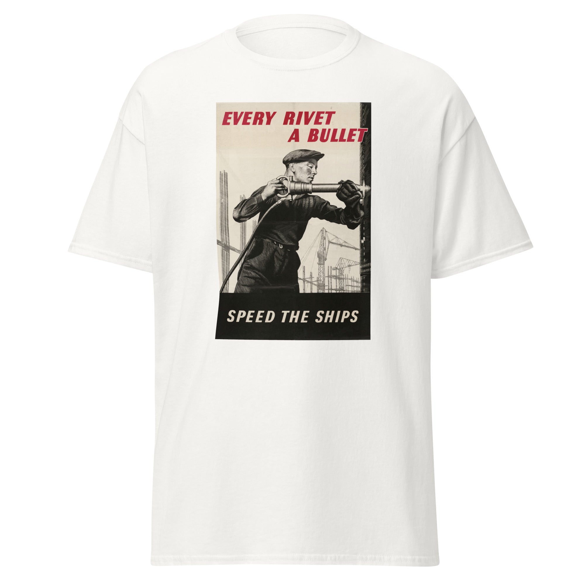 Unisex heather gray t-shirt featuring vintage Every Rivet a Bullet poster artwork printed across the front