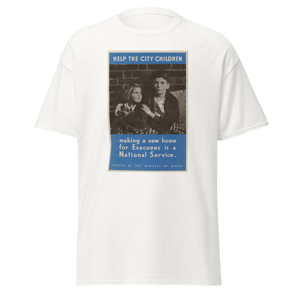 Unisex heather gray t-shirt featuring vintage Children Evacuees WWII poster artwork printed across the front