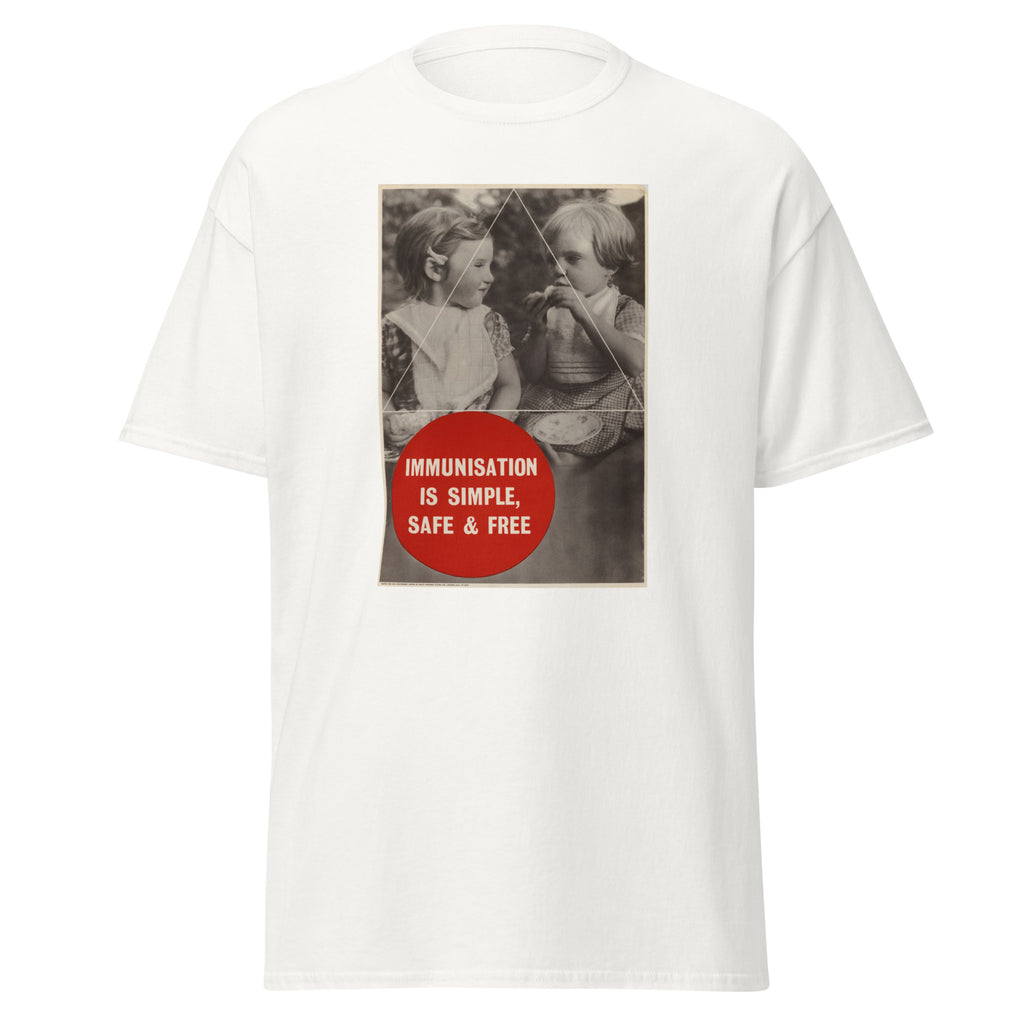 Unisex black t-shirt featuring vintage Immunisation Vintage poster artwork printed across the front