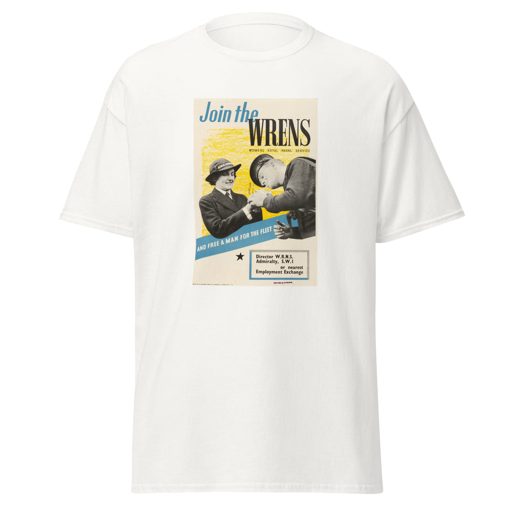 Unisex black t-shirt featuring vintage Womens Royal Naval Service poster artwork printed across the front