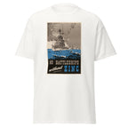 Unisex heather gray t-shirt featuring vintage No Battleships Without Zinc poster artwork printed across the front
