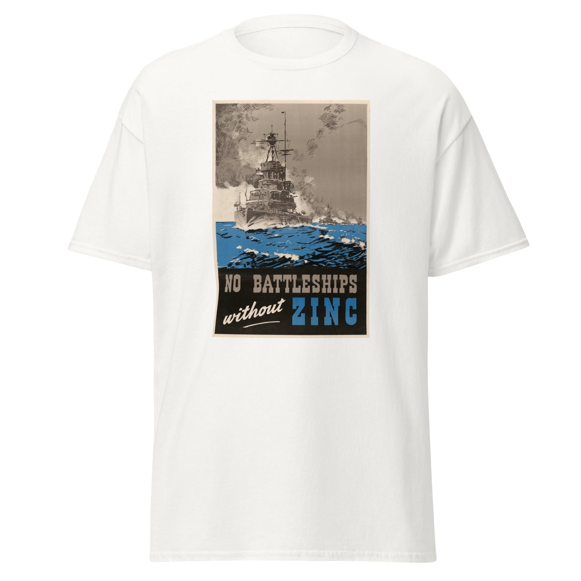 Unisex heather gray t-shirt featuring vintage No Battleships Without Zinc poster artwork printed across the front