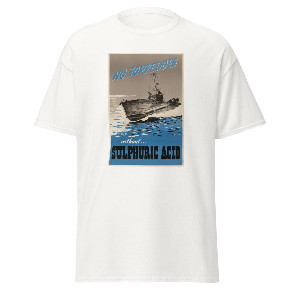Unisex heather gray t-shirt featuring vintage No Torpedoes Without Sulphuric Acid poster artwork printed across the front
