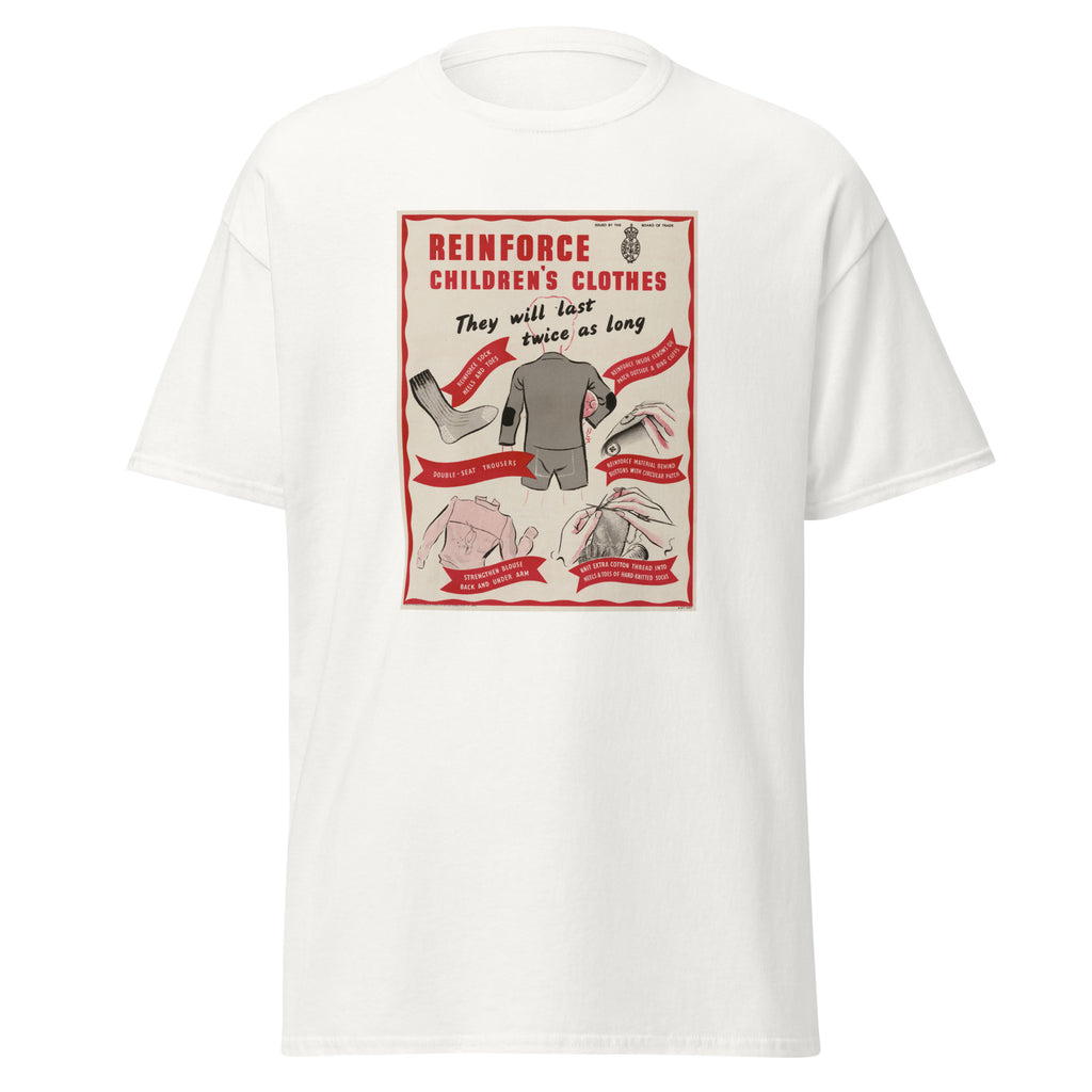 Unisex heather gray t-shirt featuring vintage Reinforce Childrens Clothes poster artwork printed across the front