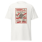 Unisex heather gray t-shirt featuring vintage Reinforce Childrens Clothes poster artwork printed across the front