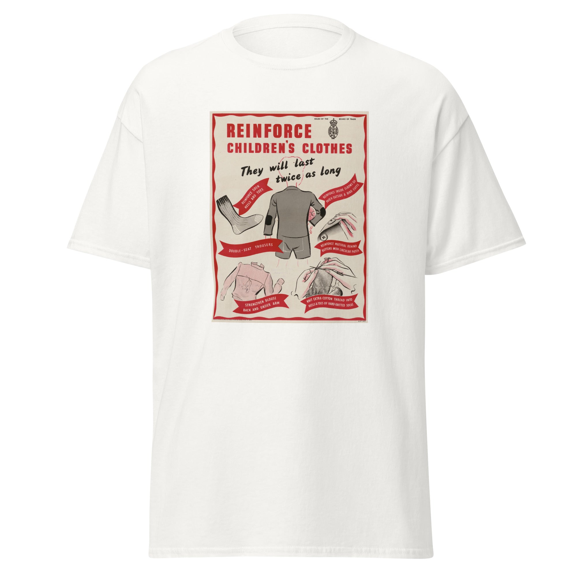 Unisex heather gray t-shirt featuring vintage Reinforce Childrens Clothes poster artwork printed across the front