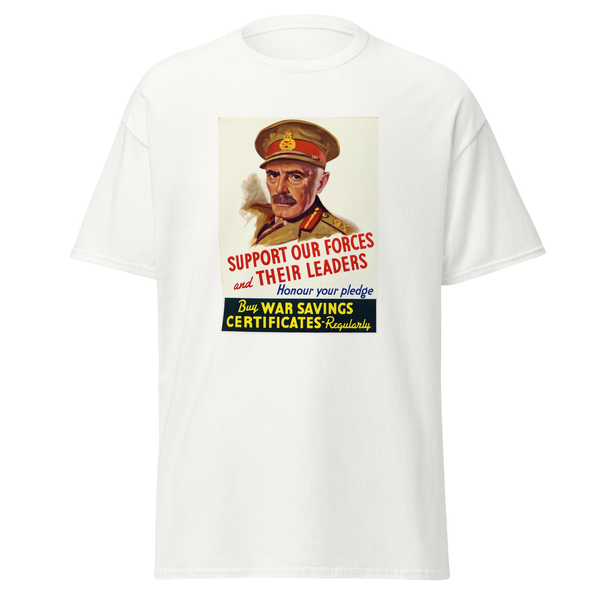 Unisex black t-shirt featuring vintage War Savings Certificates poster artwork printed across the front