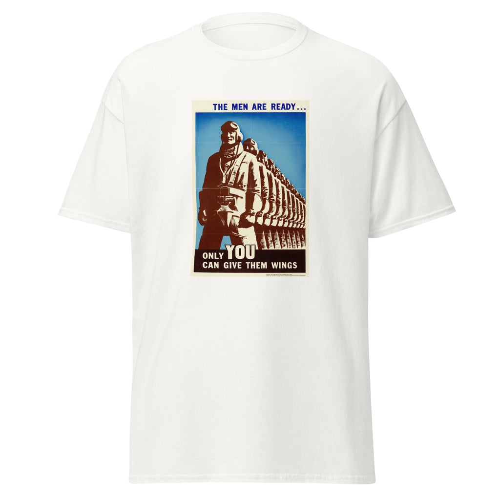 Unisex heather gray t-shirt featuring vintage Give Them Wings Vintage poster artwork printed across the front