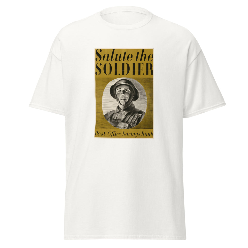 Unisex heather gray t-shirt featuring vintage Salute the Soldier poster artwork printed across the front