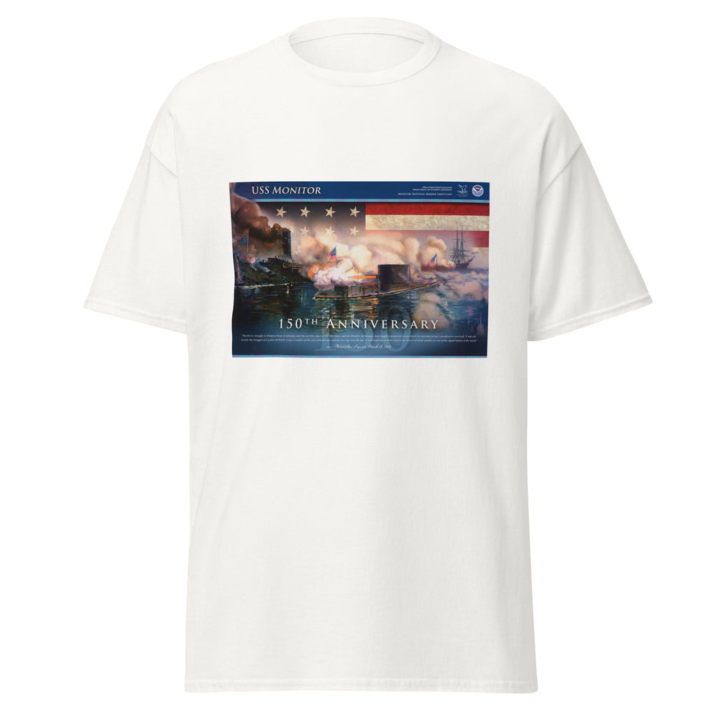 Unisex black t-shirt featuring vintage USS Monitor poster artwork printed across the front