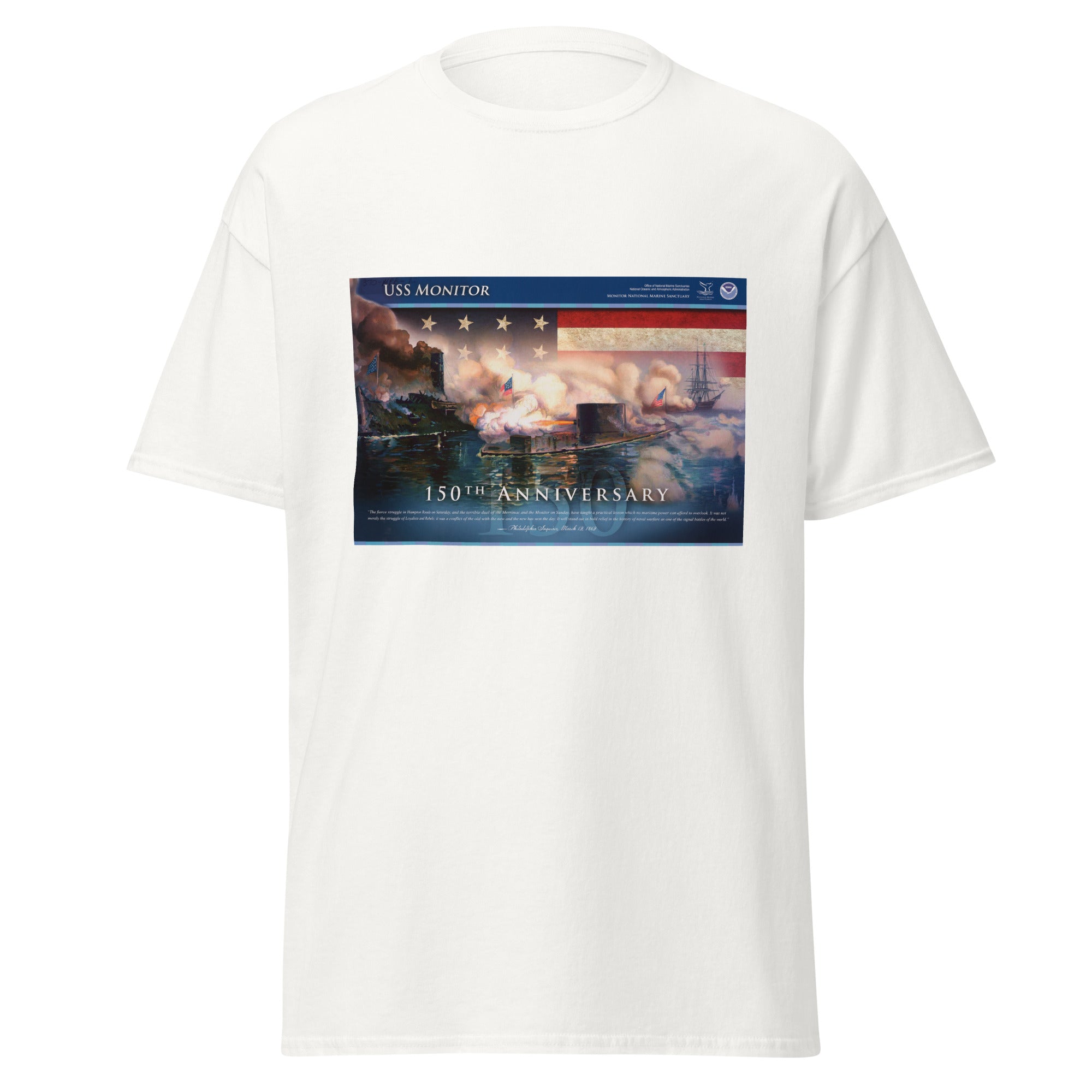 Unisex black t-shirt featuring vintage USS Monitor poster artwork printed across the front