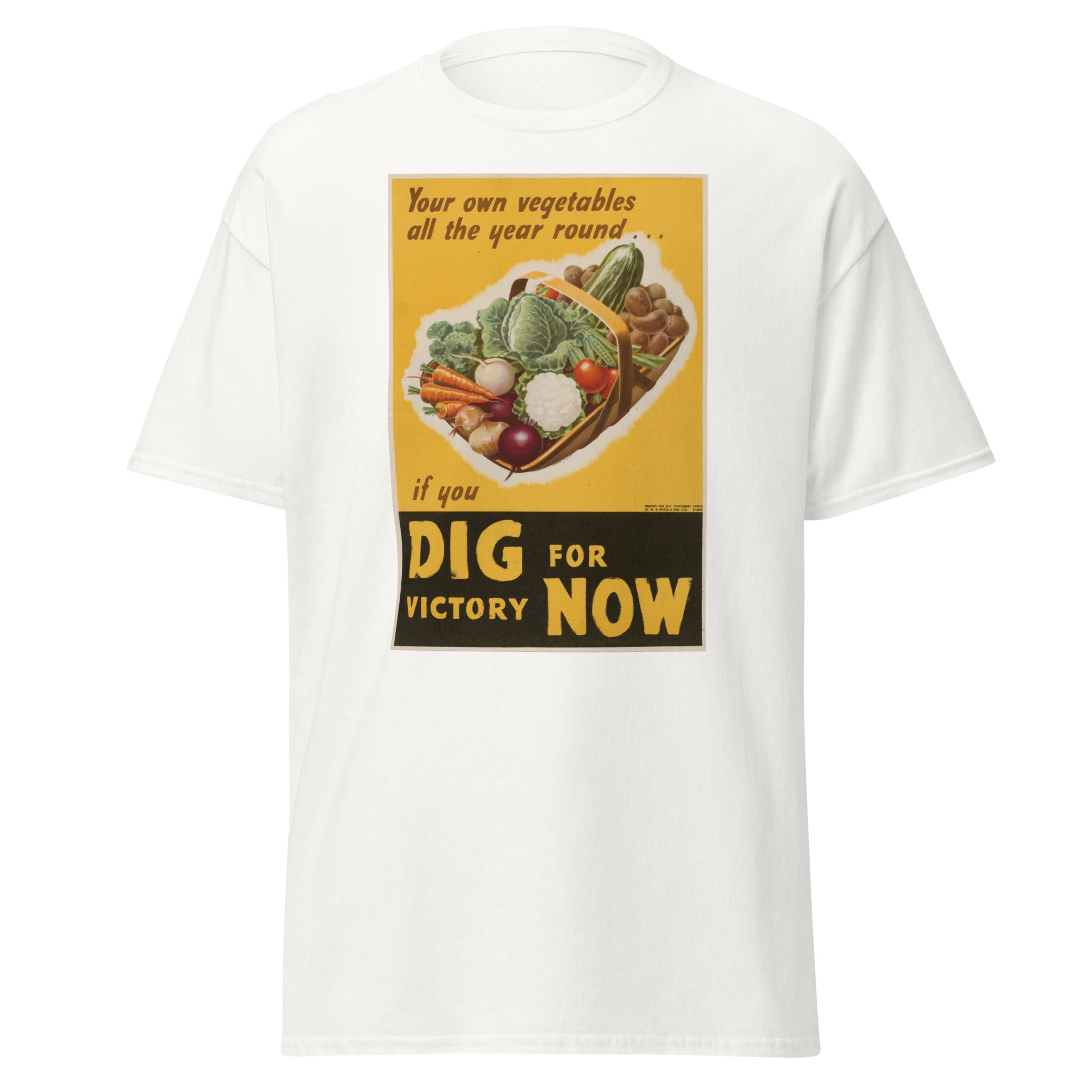 Unisex heather gray t-shirt featuring vintage Dig for Victory poster artwork printed across the front