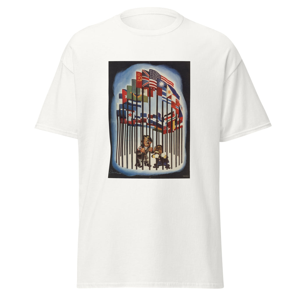 Unisex black t-shirt featuring vintage WWII Allies poster artwork printed across the front