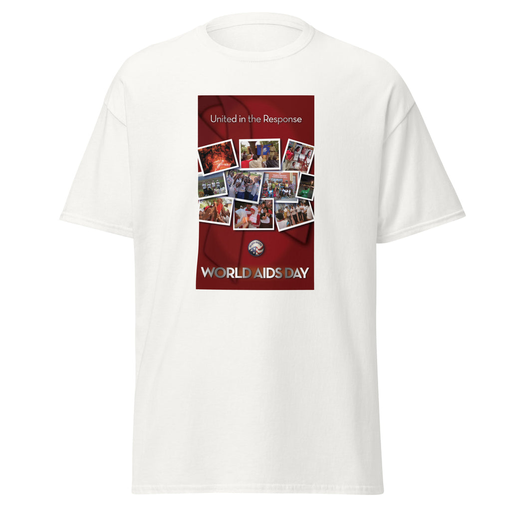 Unisex black t-shirt featuring vintage World AIDS Day poster artwork printed across the front