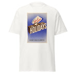 Unisex heather gray t-shirt featuring vintage Railway Stay at Home poster artwork printed across the front