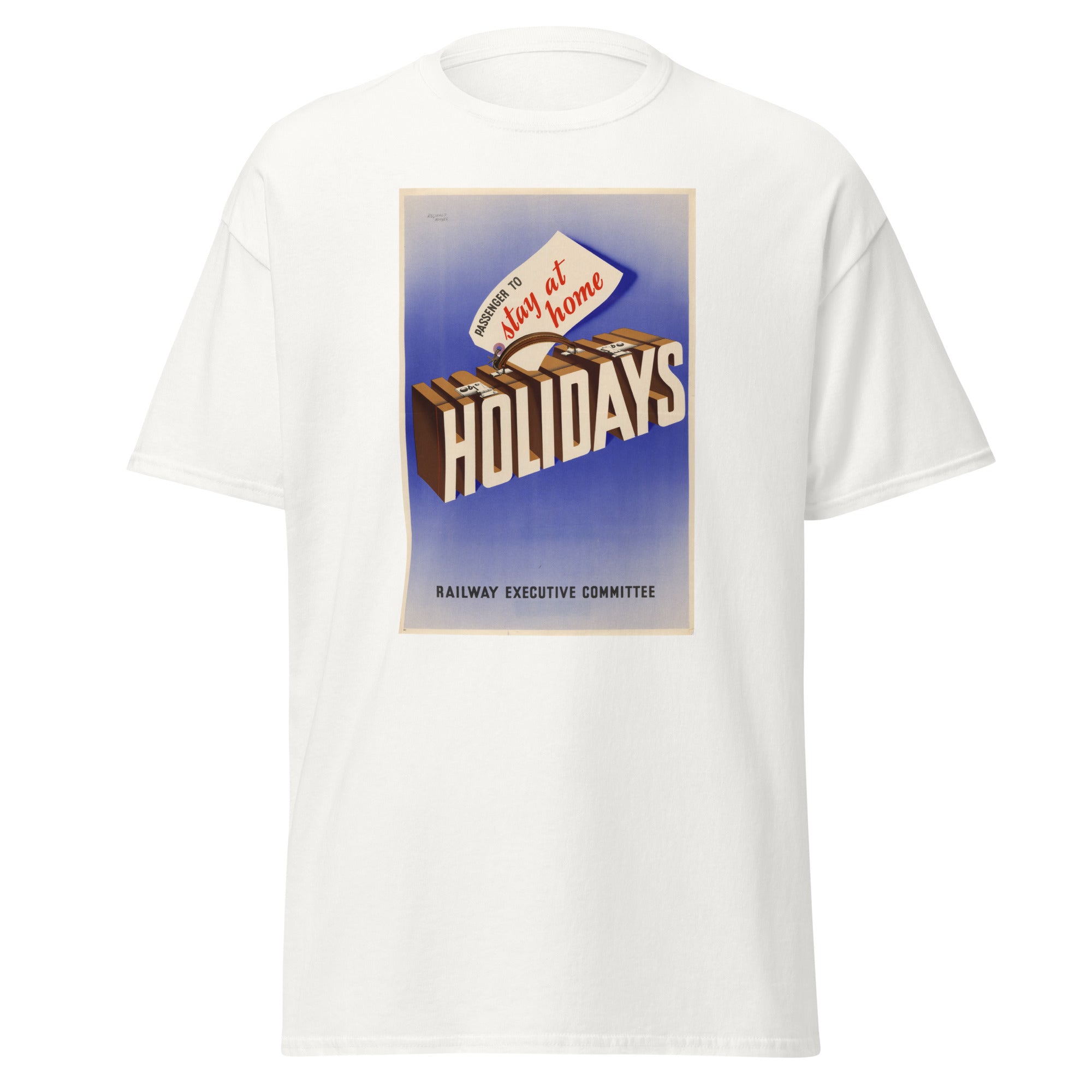Unisex heather gray t-shirt featuring vintage Railway Stay at Home poster artwork printed across the front