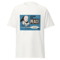 Unisex black t-shirt featuring vintage Atoms for Peace poster artwork printed across the front