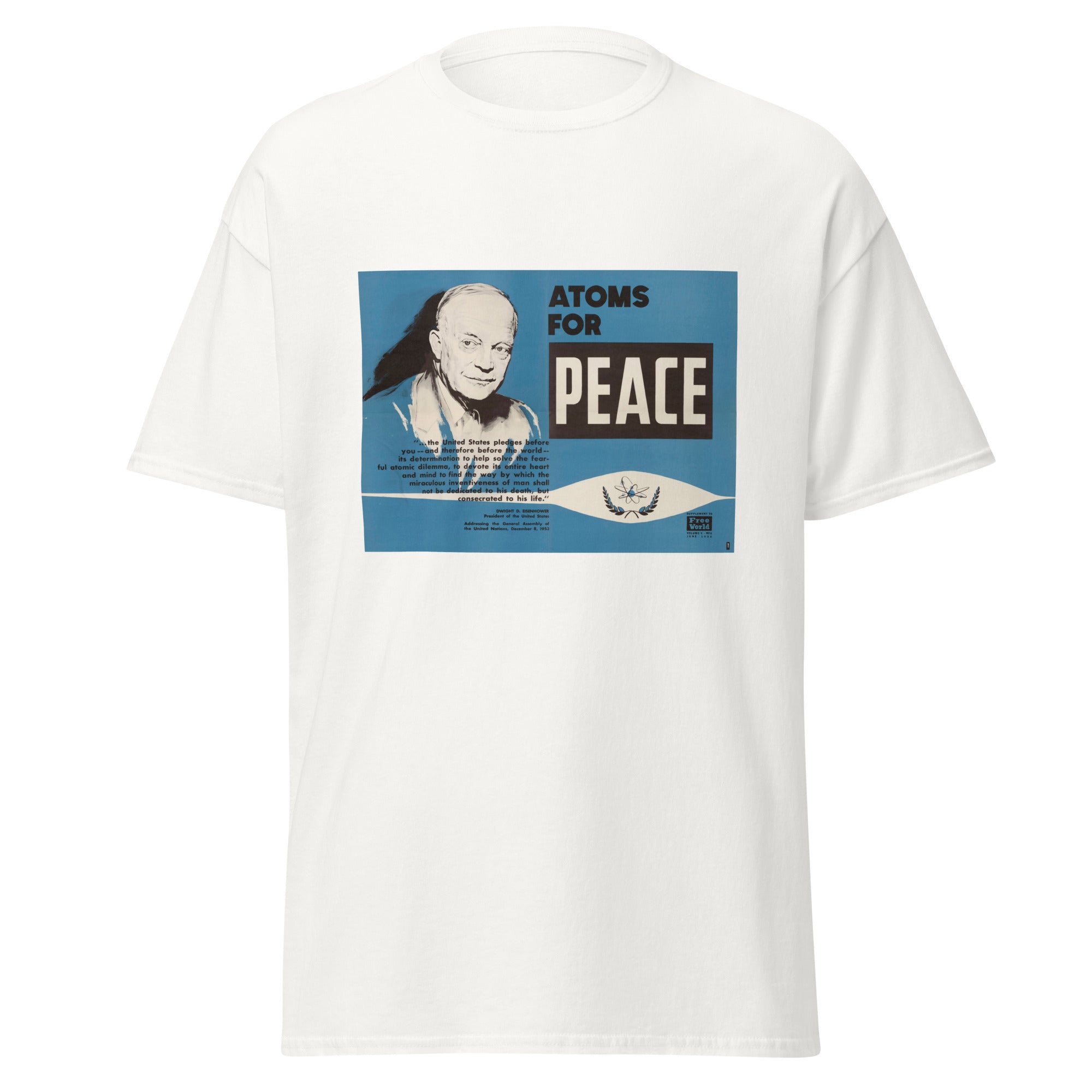 Unisex black t-shirt featuring vintage Atoms for Peace poster artwork printed across the front