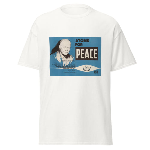 Unisex black t-shirt featuring vintage Atoms for Peace poster artwork printed across the front