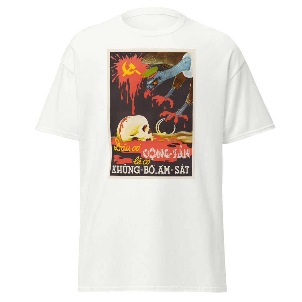 Unisex black t-shirt featuring vintage Vietnam War Cold War poster artwork printed across the front