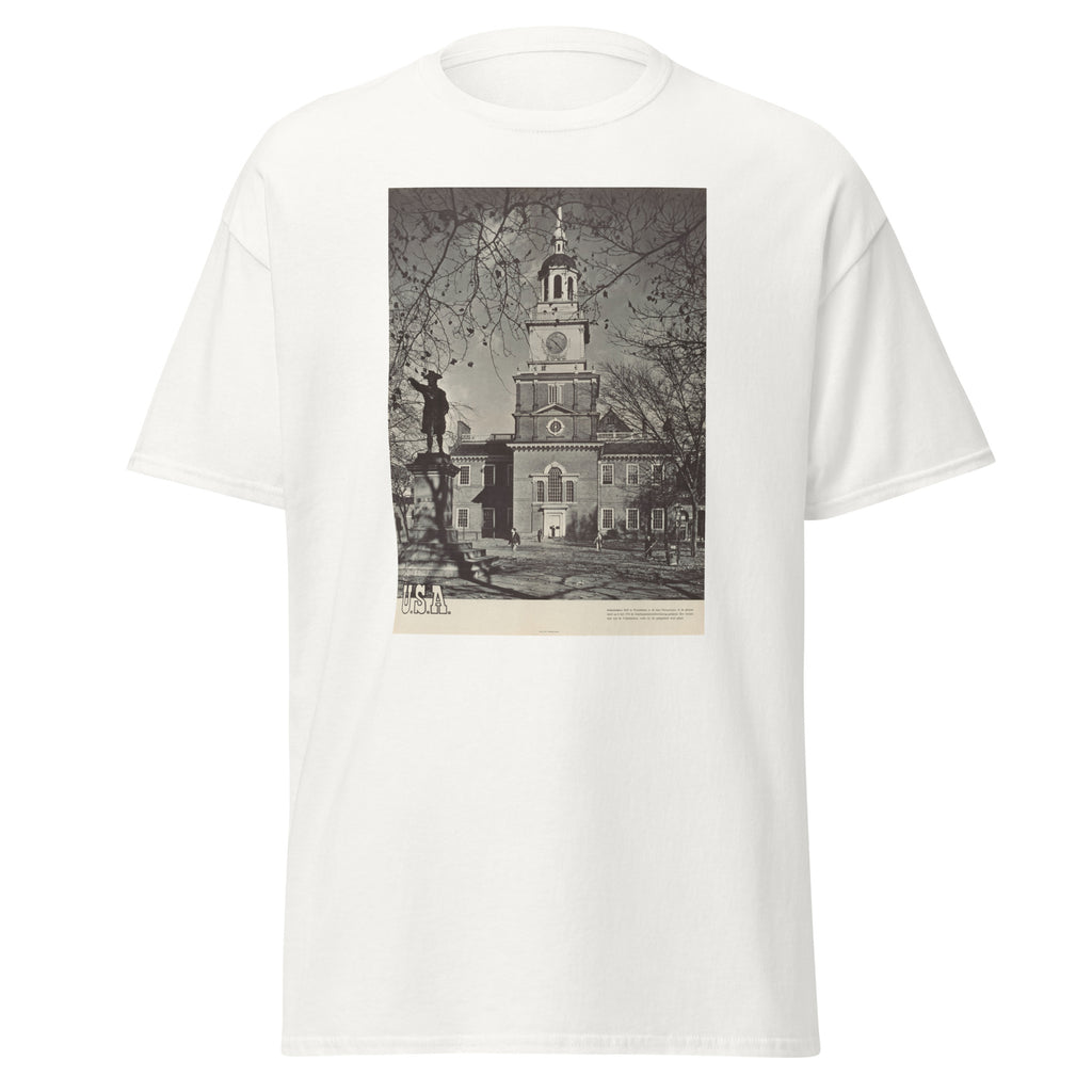 Unisex heather gray t-shirt featuring vintage Independence Hall poster artwork printed across the front